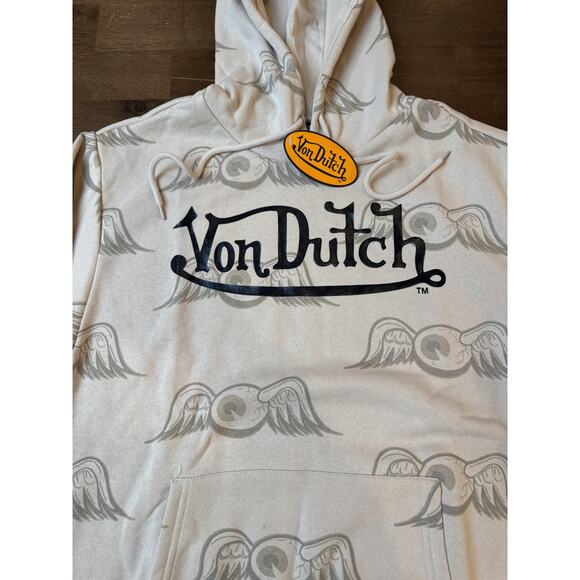 Von Dutch Hoodie Mens Small Beige Tan Pullover Fleece Winged Eyeball AOP Graphic - Picture 2 of 9